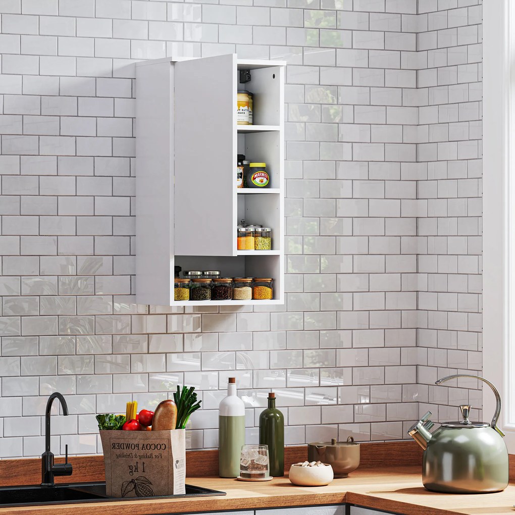 HOMCOM Επιτοίχιο Ντουλάπι Μπάνιου, Ντουλάπι Τοίχου για Μπάνιο με Ρυθμιζόμενα Ράφια, Ανοιχτό Ράφι, Ξύλο, Λευκό