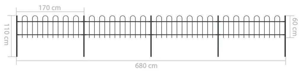 vidaXL Κάγκελα Περίφραξης με Κυκλική Κορυφή Μαύρα 6,8x0,6 μ. Ατσάλινα