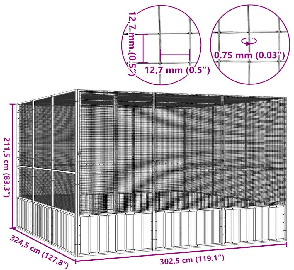 vidaXL Κλουβί Πουλιών Γκρι 302,5x324,5x211,5 εκ Γαλβανισμένο Χάλυβα