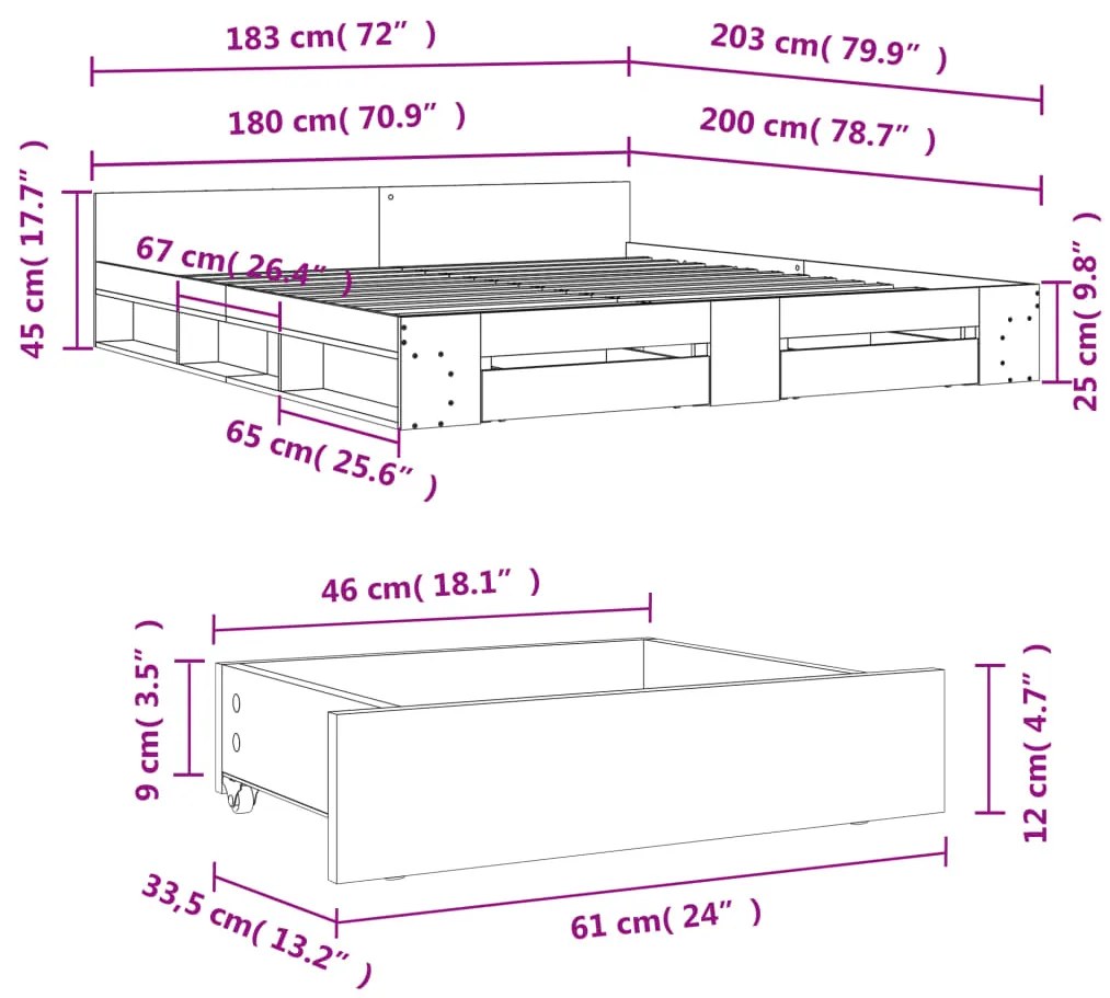 Πλαίσιο Κρεβατιού με συρτάρια Καφέ δρυς 180x200 εκ. Επεξ. Ξύλο - Καφέ