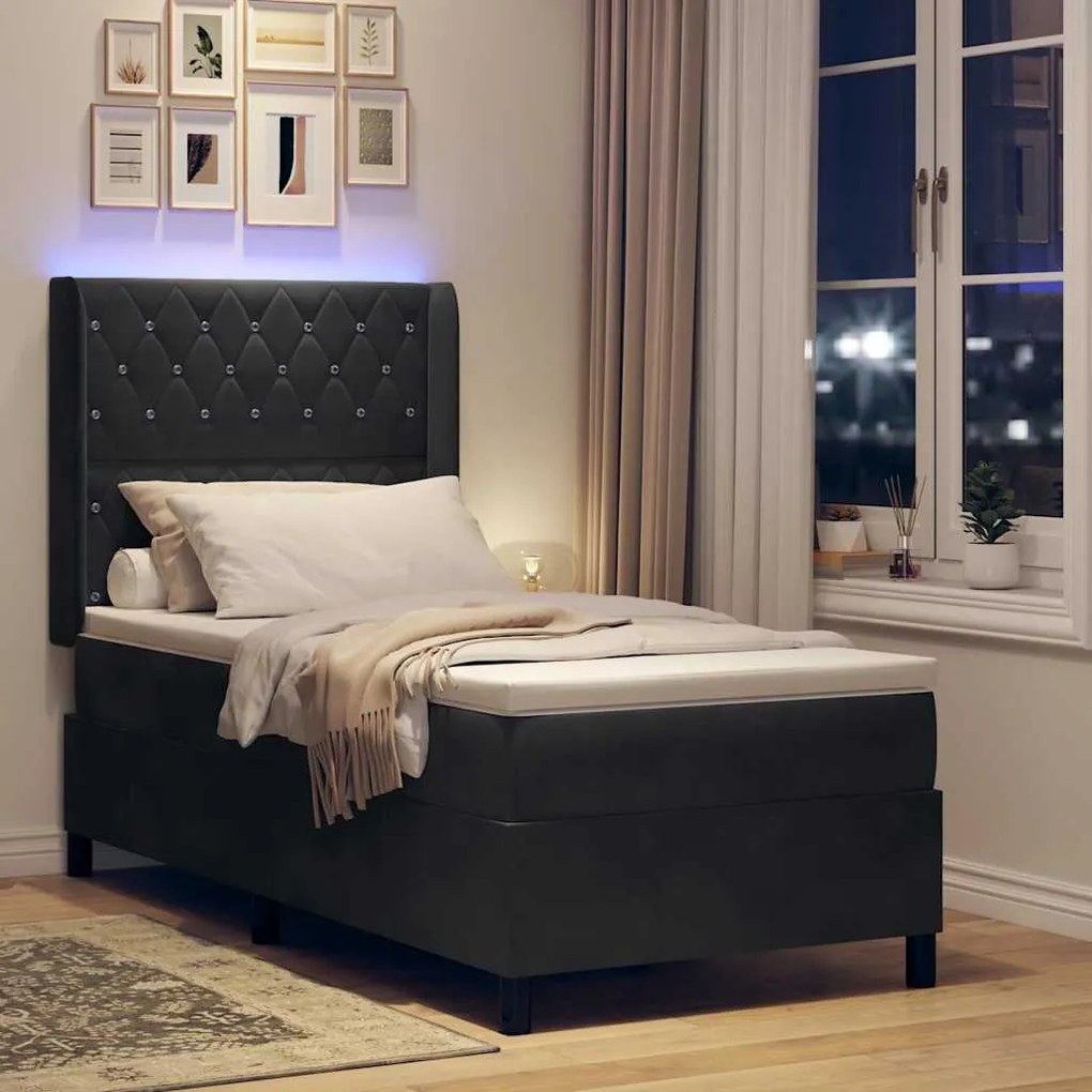 vidaXL Κρεβάτι Box Spring LED με Στρώμα Μαύρο 90 x 190 cm Βελούδο