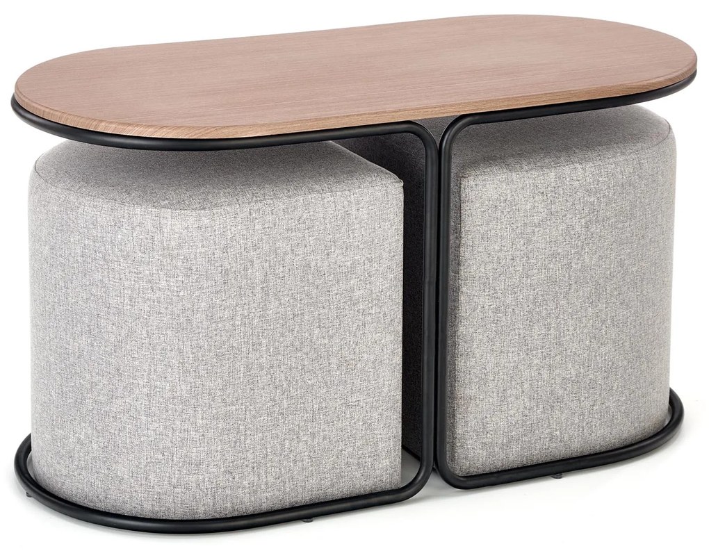 PAMPA, coffee table with pouffes, top: walnut, legs: black, pouffe: grey DIOMMI V-CH-PAMPA-LAW