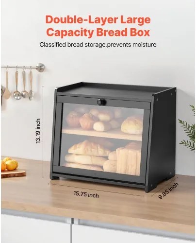 VEVOR Double Layer Bread Box for Kitchen Counter Bamboo Storage Bread Container