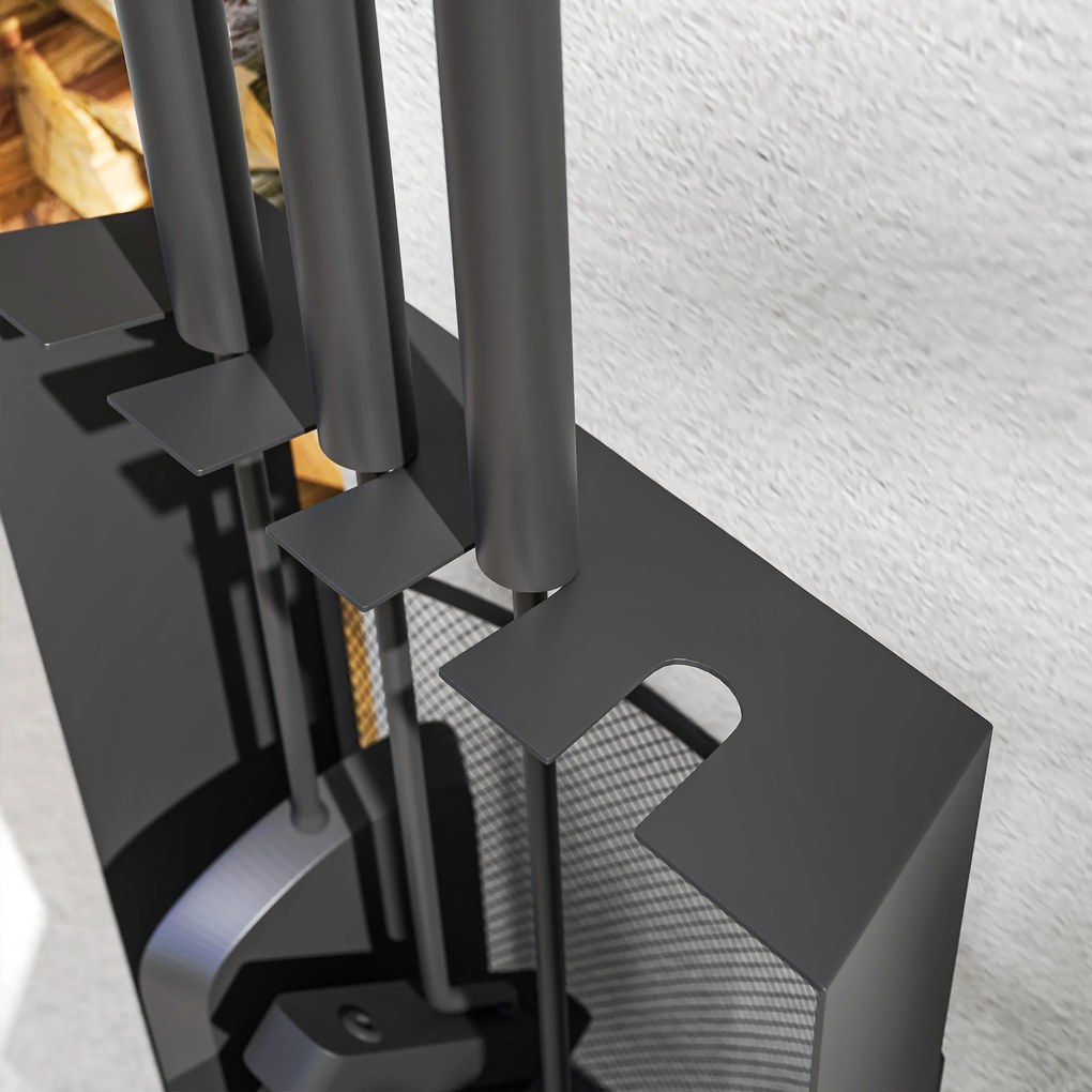 Σετ εργαλείων τζακιού Outsunny 5 τεμαχίων, αξεσουάρ τζακιού με σκούπα, φτυάρι, γάντζο, τσιμπίδα, βάση, μέταλλο, μαύρο