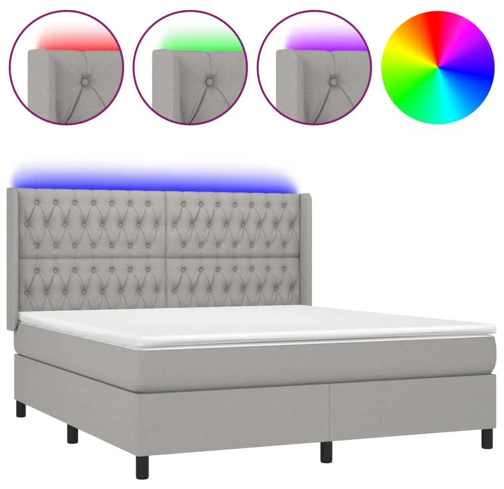 vidaXL Κρεβάτι Boxspring με Στρώμα & LED Αν.Γκρι 180x200εκ. Υφασμάτινο