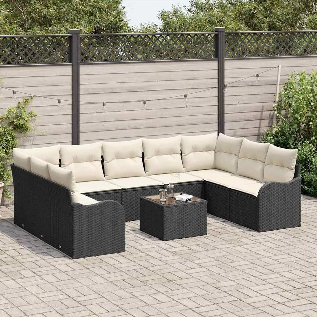 vidaXL Σετ Καναπέ Κήπου με μαξιλάρι 10 pcs Μαύρος, λευκός Πολυ ράταν
