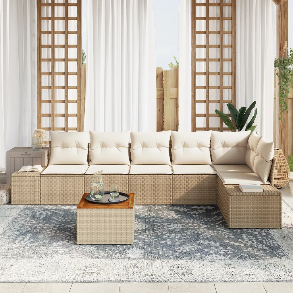 vidaXL Σετ Καναπέ Κήπου 7 pcs Μπεζ και λευκό Ρατάν, πολυεστέρας, αφρός