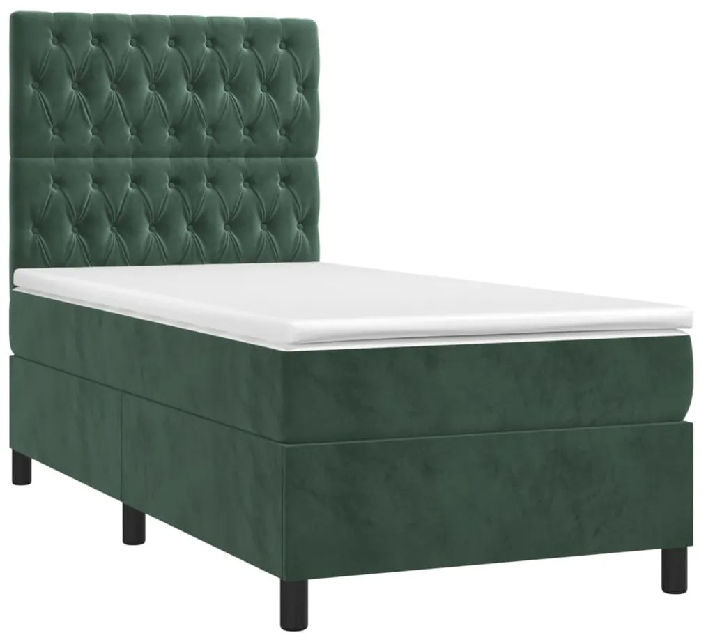 Κρεβάτι Boxspring με Στρώμα Σκούρο Πράσινο 90x190 εκ. Βελούδινο - Πράσινο