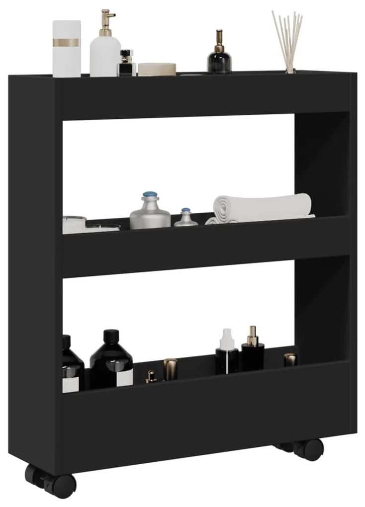 Τρόλεϊ Αποθήκευσης Στενό 3 Επιπέδων Μαύρο Επεξεργασμένο Ξύλο