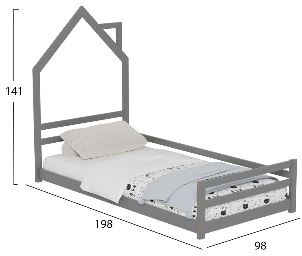 ΚΡΕΒΑΤΙ ΠΑΙΔΙΚΟ HOUSER  τ.MONTESSORI ΞΥΛΟ ΠΕΥΚΟ ΓΚΡΙ- 190x90εκ