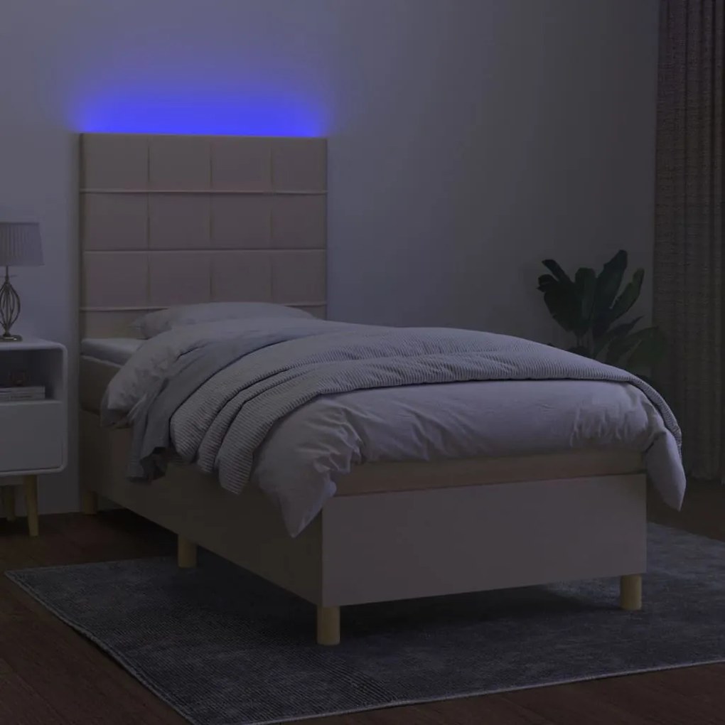 vidaXL Κρεβάτι Boxspring με Στρώμα & LED Κρεμ 90x200 εκ. Υφασμάτινο