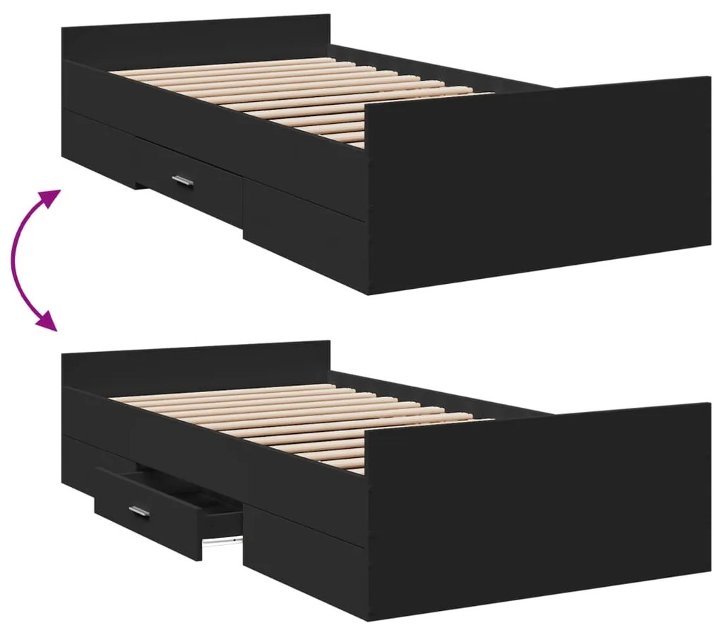 vidaXL Πλαίσιο Κρεβατιού με Συρτάρια Μαύρο 75x190εκ Επεξεργασμένο Ξύλο