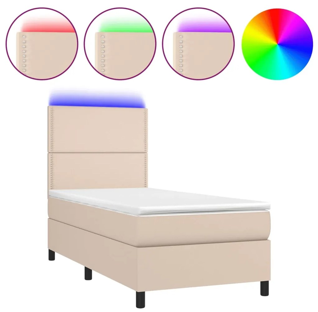 Κρεβάτι Boxspring Στρώμα&amp;LED Καπουτσίνο 90x190 εκ. Συνθ. Δέρμα - Καφέ