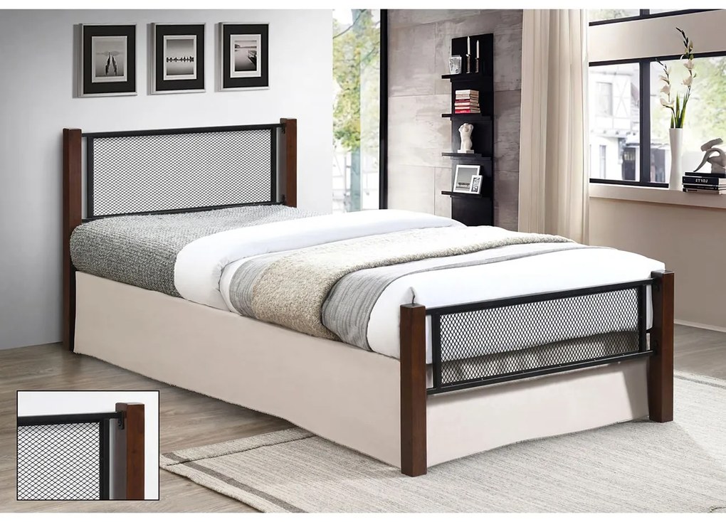 ΝΕΤ Κρεβάτι Μονό για Στρώμα 90x190cm, Μέταλλο Βαφή Μαύρο, Ξύλο Καρυδί 95x200x81(Στρώμα 90x190)cm