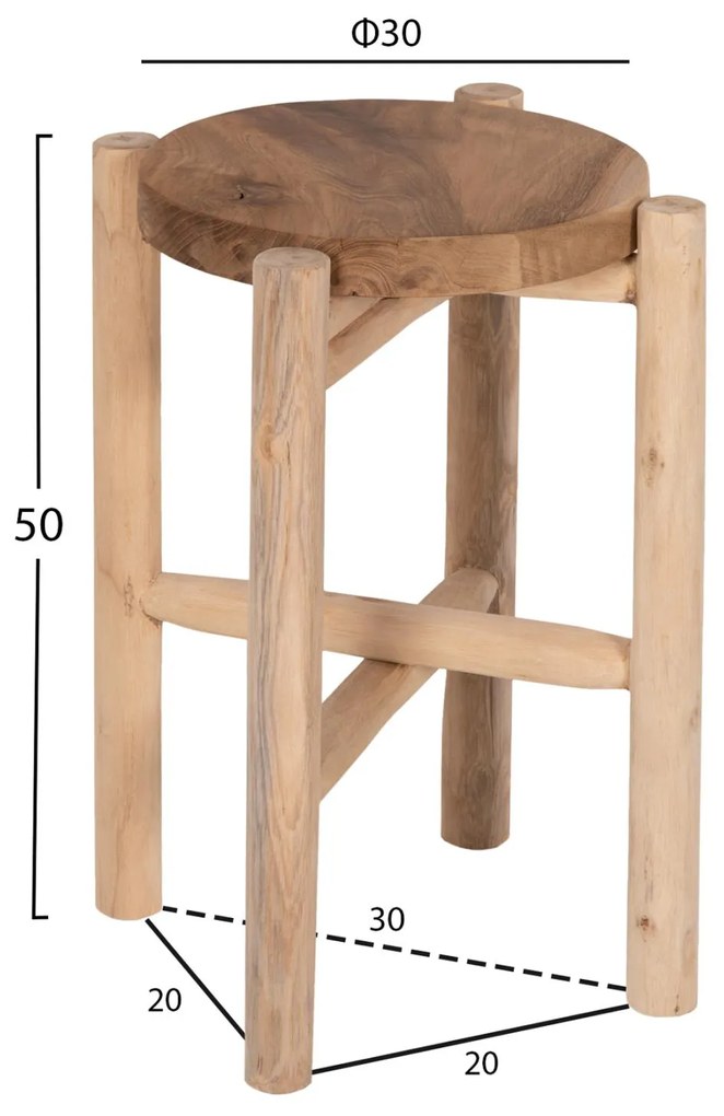 Τραπεζάκι σαλονιού Βοηθητικό HOVER Ξύλο TEAK σε Φυσικό Φ30x50Υεκ. 30x30x50 εκ.