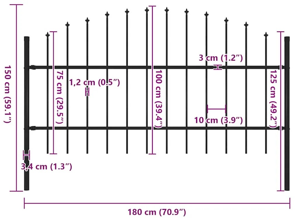 vidaXL Κάγκελα Περίφραξης με Λόγχες Μαύρα (0,75-1) x 1,7 μ. Ατσάλινα