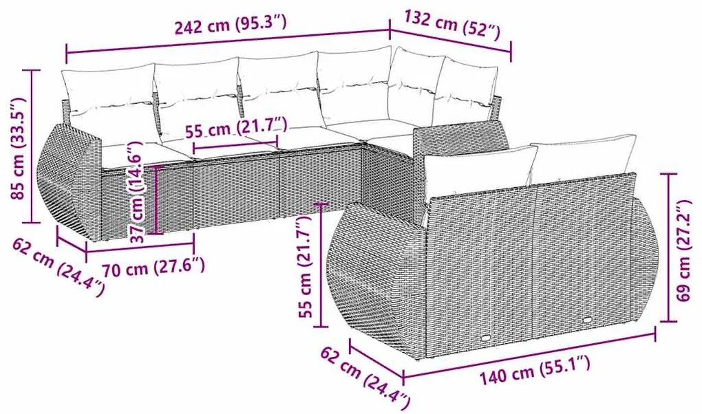 vidaXL Σαλόνι Κήπου Σετ 7 Τεμαχίων Γκρι Συνθετικό Ρατάν με Μαξιλάρια