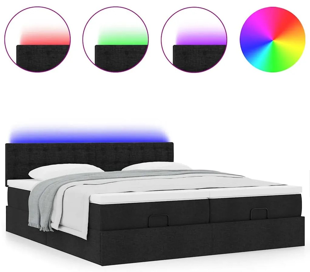 vidaXL Οθωμανικό κρεβάτι με στρώματα & LEDs Μαύρο ύφασμα 160x200cm