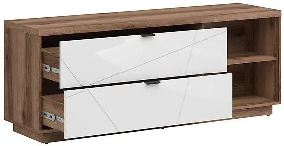 Τραπέζι Tv Boston CE104, Σκούρα βελανιδιά delano, Γυαλιστερό λευκό, Αριθμός συρταριών: 2, 156x61x43cm, 43 kg | Epipla1.gr