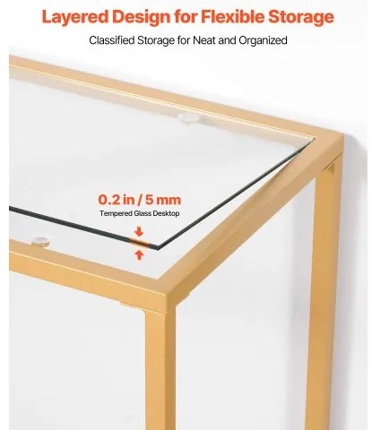 VEVOR 2-Tier Glass Console Table Rectangle Sofa Side Table with Anti-Tip Golden