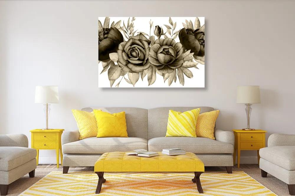 Φανταστείτε τον γοητευτικό συνδυασμό λουλουδιών και φύλλων σε σχέδιο σέπια - 120x80