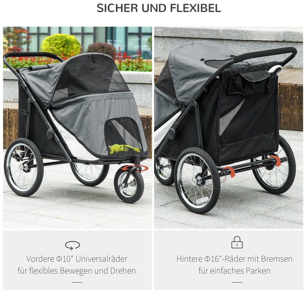 PawHut Καρότσι σκύλου, αναδιπλούμενο, ανακλινόμενο, μαξιλάρι ύπνου, ατσάλινο πλαίσιο, Γκρι/Μαύρο