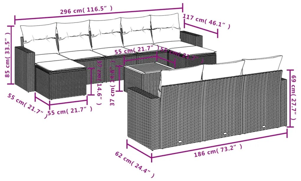 vidaXL Σαλόνι Κήπου Σετ 11 τεμ. Μπεζ Συνθετικό Ρατάν με Μαξιλάρια