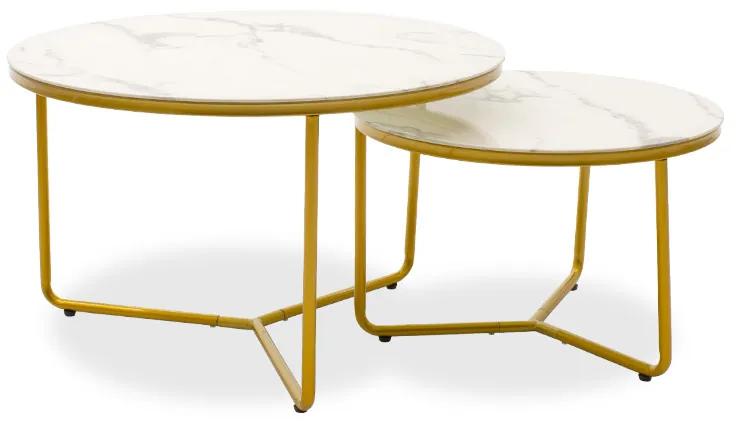 Τραπέζια σαλονιού Paris pakoworld σετ 2 τμχ γυαλί 8mm σχέδιο μαρμάρου-χρυσό - Γυαλί - 029-000091