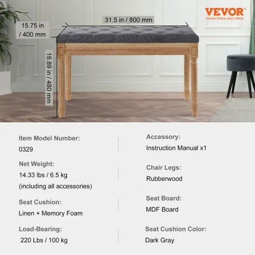 VEVOR Upholstered Bench, 16&quot;W Ottoman Bench, End of Bed Bench with Foam Padded Cushion and Rubberwood Legs, Tufted Footrest Stool Entryway Bench for Dining Room, Living Room, Bedroom, Hallway, Gray