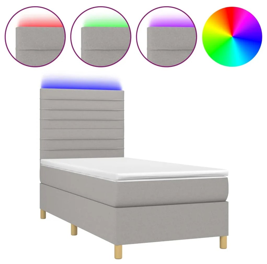 Κρεβάτι Boxspring με Στρώμα &amp; LED Αν.Γκρι 100x200εκ. Υφασμάτινο - Γκρι