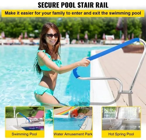 VEVOR Pool Rail 48x36&quot; Pool Railing 304 Stainless Steel 250LBS Load Capacity Silver Rustproof Pool Handrail Humanized Swimming Pool Handrail with Blue Grip Cover &amp; M8 Drill Bit &amp; Self-taping Screws