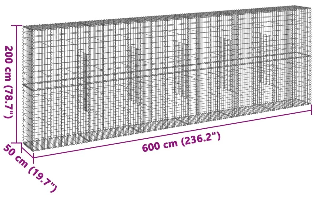 Συρματοκιβώτιο με Κάλυμμα 600x50x200εκ. από Γαλβανισμένο Χάλυβα - Ασήμι