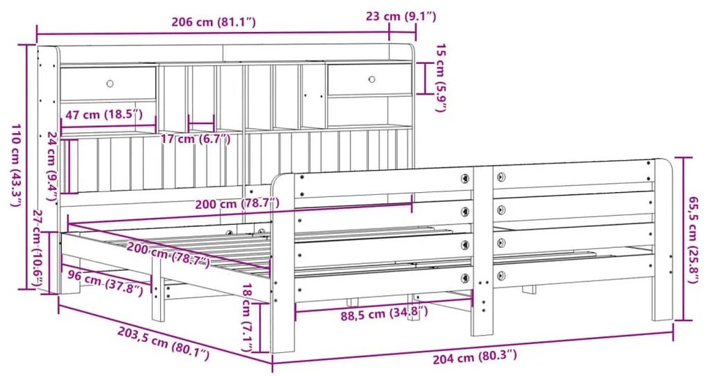 Κρεβάτι Βιβλιοθήκη Χωρίς Στρώμα 200x200 εκ Μασίφ Ξύλο Πεύκου - Καφέ