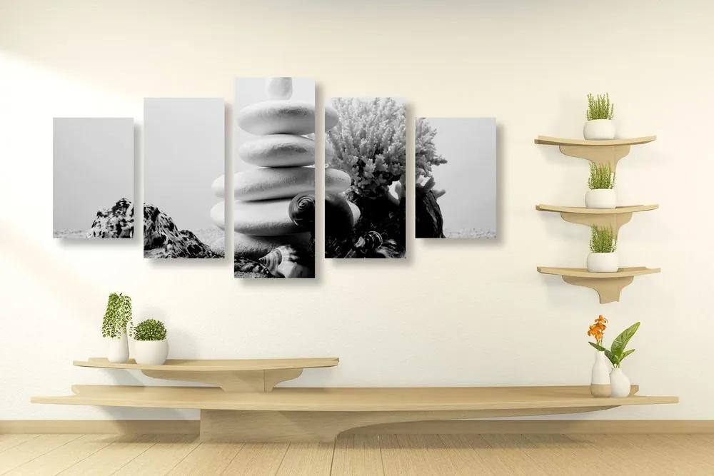 Εικόνα 5 μερών Πέτρες Ζεν με κοχύλια σε μαύρο & άσπρο - 100x50