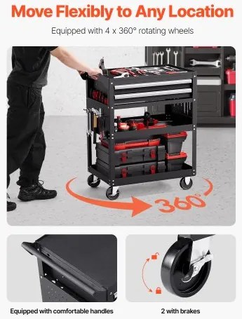 VEVOR 5-Tier Tool Cart on Wheels 400 lb Rolling Work Cart with Drawer & Pegboard