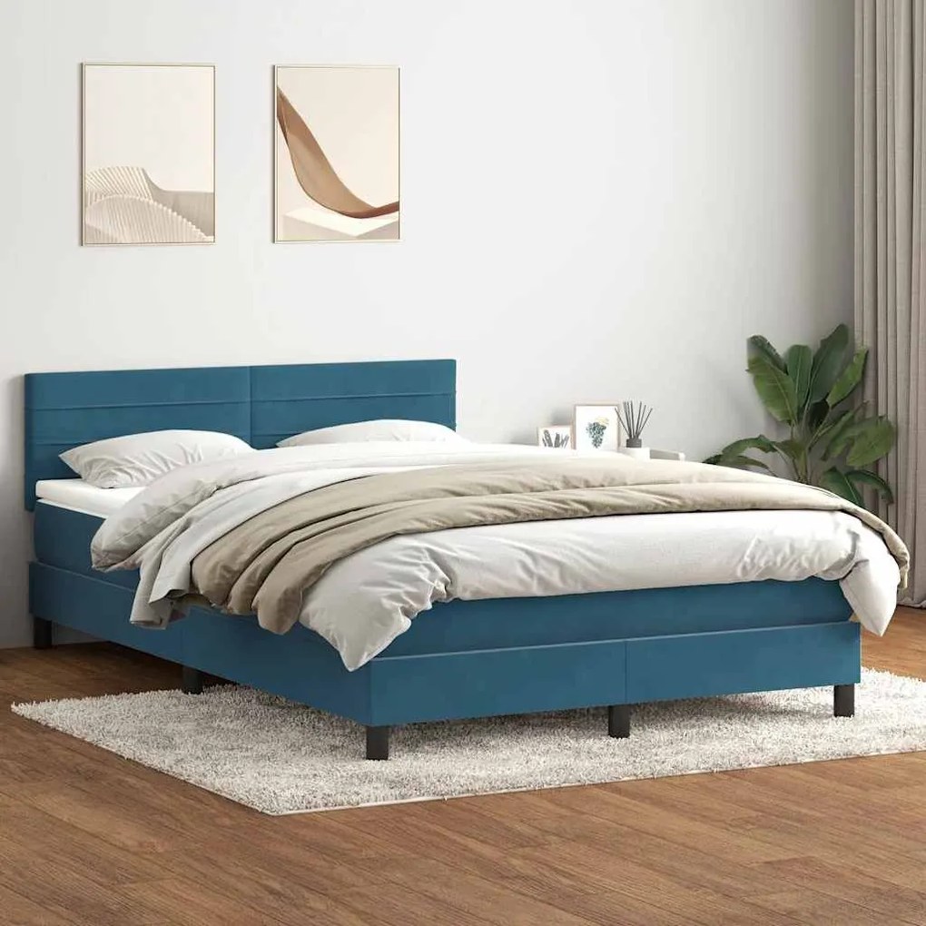 Box Spring κρεβάτι με στρώμα σκούρο μπλε 140x220 cm Βελούδινο - Μπλε