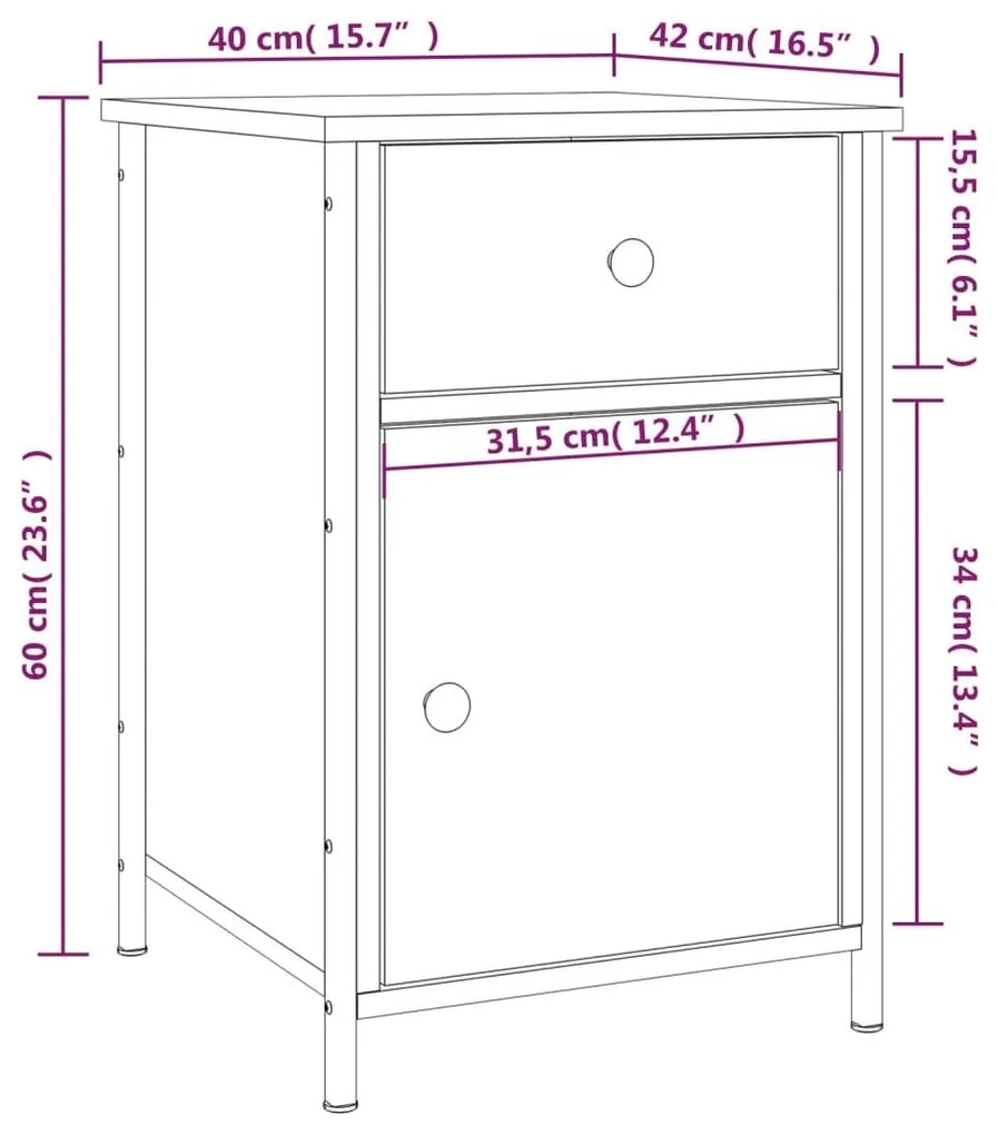 Κομοδίνα 2 τεμ. Καπνιστή Δρυς 40x42x60 εκ. από Επεξεργ. Ξύλο - Καφέ