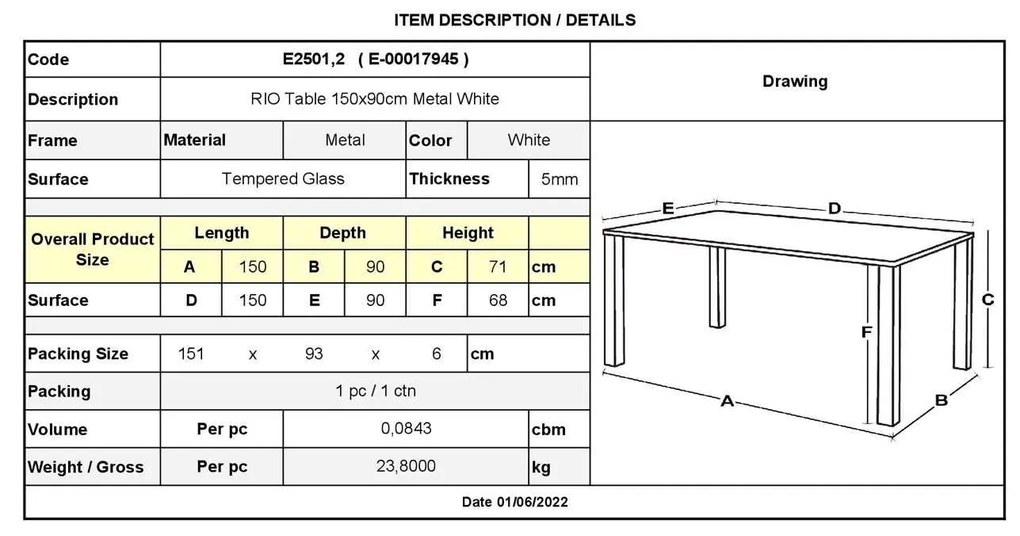Τραπέζι Rio 150x90cm Μεταλ.Λευκό