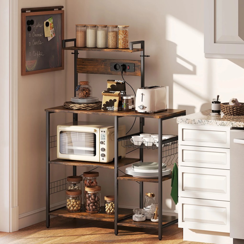 Ράφι κουζίνας HOMCOM, ράφι δαπέδου με 2 πρίζες, 5 S-άγκιστρα, 5 ράφια, καλάθι, χαλύβδινες μπάρες Χ, 90 x 42 x 130 cm