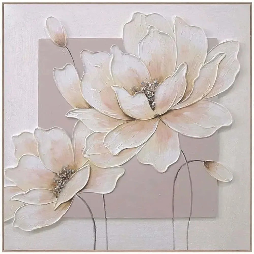 Κάδρο 3D Άνθη &amp; Μπουμπούκια 16-30083 80x80cm White-Beige Marhome Τετράγωνοι Ξύλο, Καμβάς
