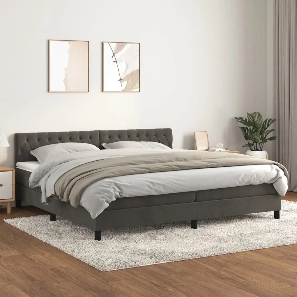 Κρεβάτι Boxspring με Στρώμα Σκούρο Γκρι 200x200 εκ. Βελούδινο