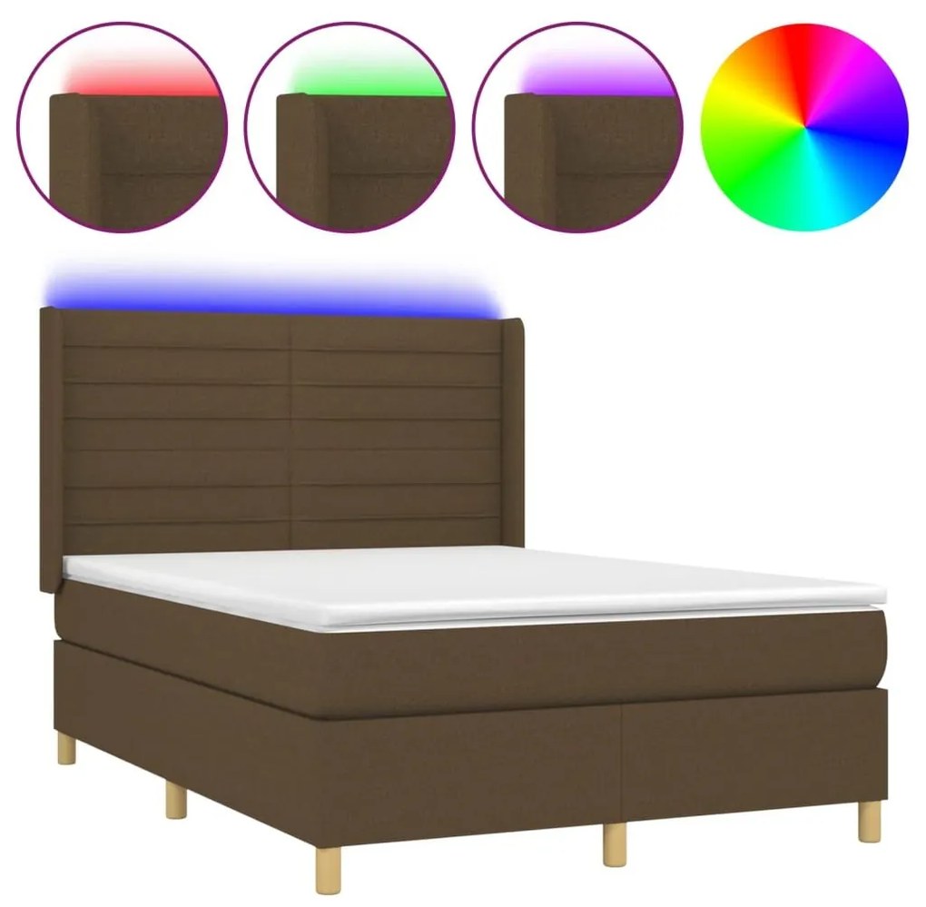 Κρεβάτι Boxspring με Στρώμα &amp; LED Σκ.Καφέ 140x200 εκ Υφασμάτινο - Καφέ