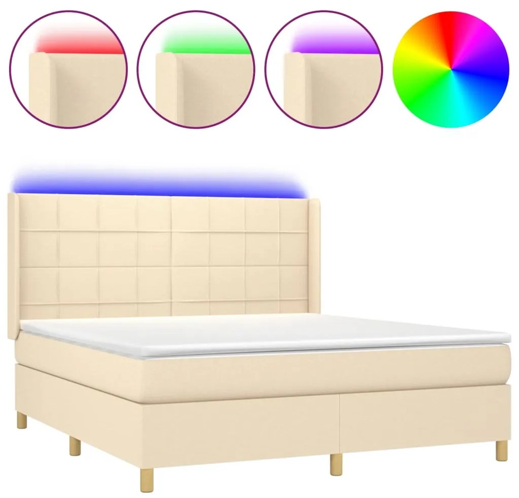 vidaXL Κρεβάτι Boxspring με Στρώμα & LED Κρεμ 160x200 εκ. Υφασμάτινο