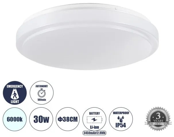 Πλαφονιέρα Οροφής 30W IP54 Φ38 6000K EMERGANO Λευκό 60992 Globostar-60992-Λευκό 60992