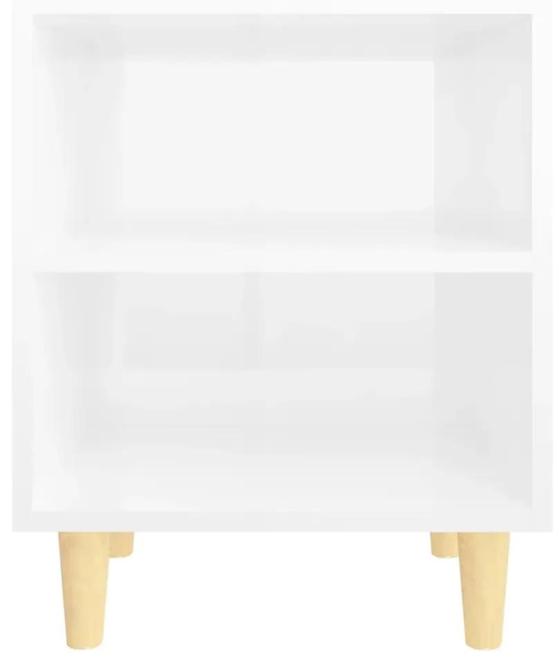 Κομοδίνο Γυαλιστερό Λευκό 40x30x50 εκ. με Μασίφ Ξύλινα Πόδια - Λευκό