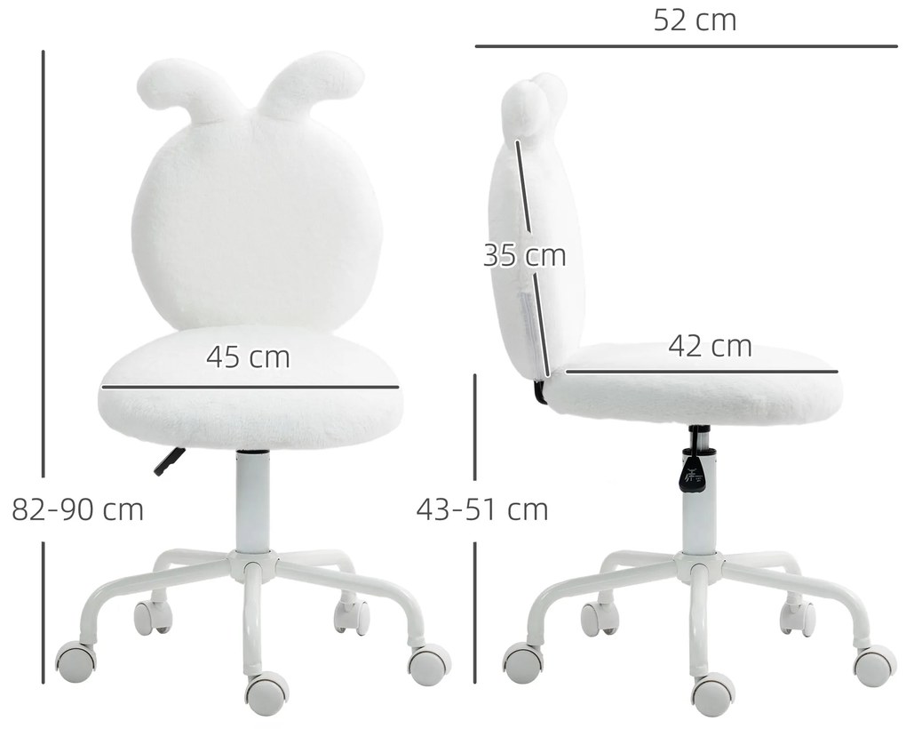 HOMCOM Πολυθρόνα γραφείου με αυτιά κουνελιού, περιστρεφόμενη καρέκλα γραφείου, περιστρεφόμενη, ψεύτικη γούνα, λευκό