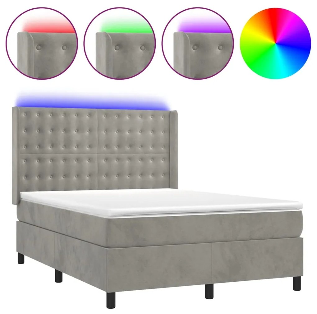 vidaXL Κρεβάτι Boxspring με Στρώμα & LED Αν.Γκρι 140x200 εκ. Βελούδινο