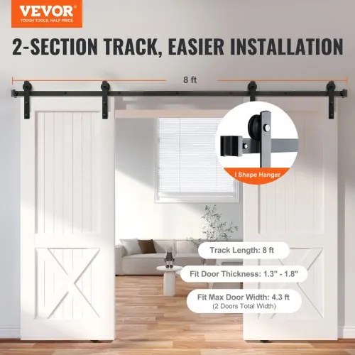 VEVOR 8FT Sliding Barn Door Hardware Kit, 330LBS Heavy Duty Barn Door Track Kit for Double Doors, Fit 3.7-4.3FT Total Wide and 1.3&quot;-1.8&quot; Thick 2 Door Panel, with Smooth &amp; Silent Pulley (I Shape)