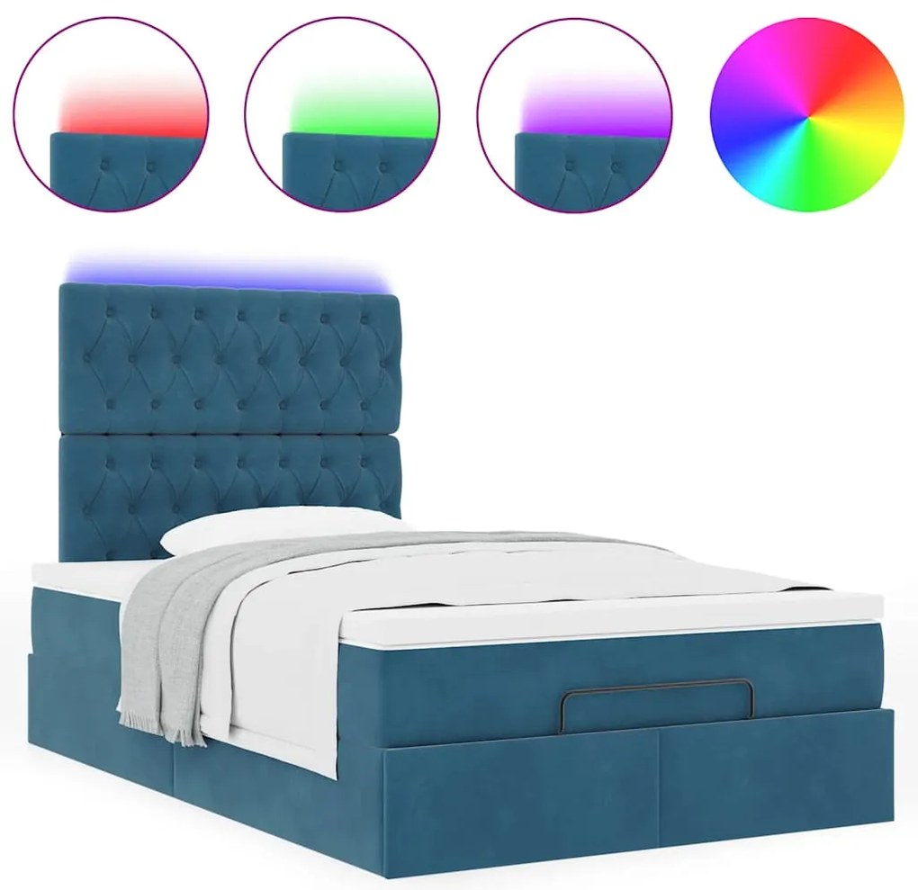 vidaXL Οθωμανικό κρεβάτι με στρώματα & LEDs Σκούρο μπλε Βελούδο