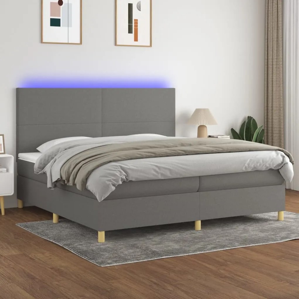 vidaXL Κρεβάτι Boxspring με Στρώμα &amp; LED Σκ.Γκρι 200x200εκ. Υφασμάτινο